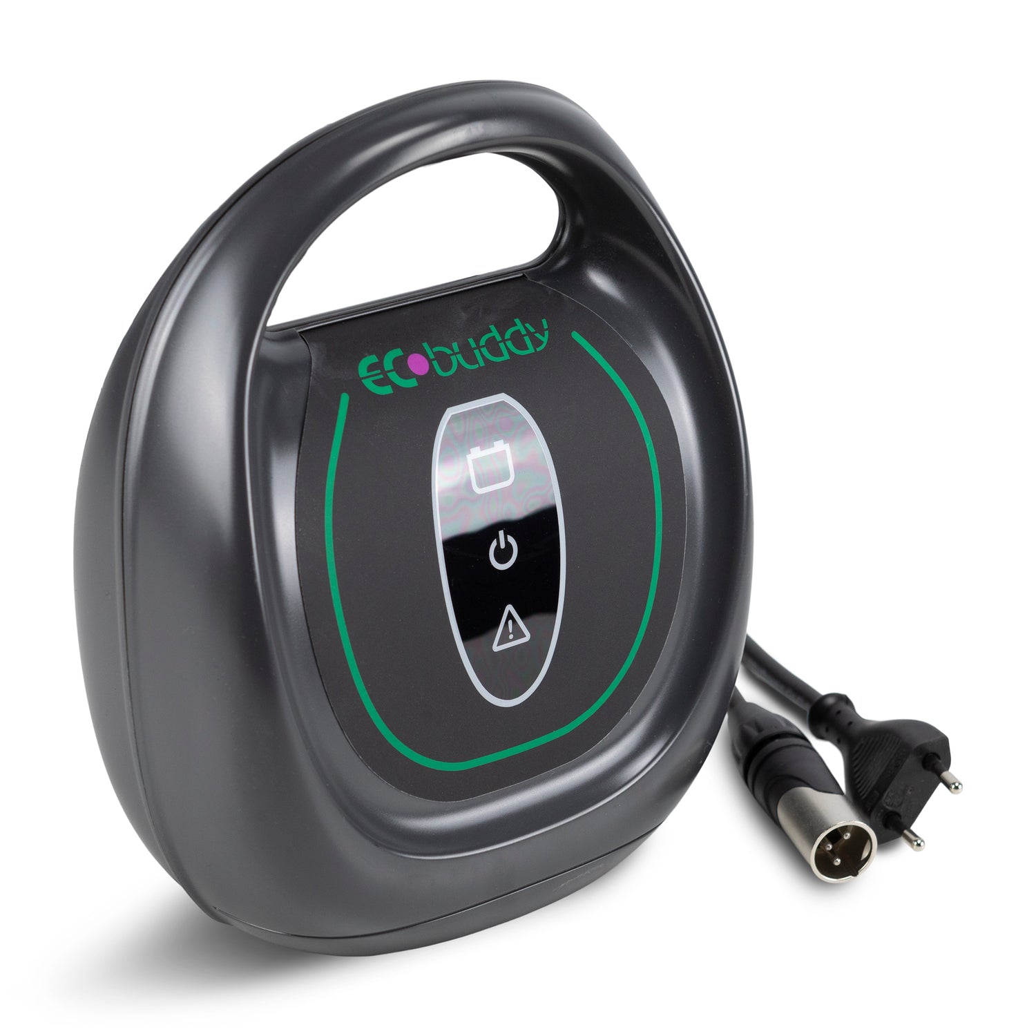 Svart underhållsladdare med handtag och utrustad med elkontakt samt XLR-kontakt.