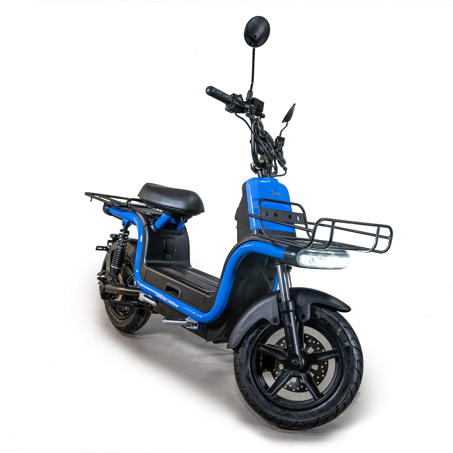 Blå elmoped med lastutrymme fram och baktill
